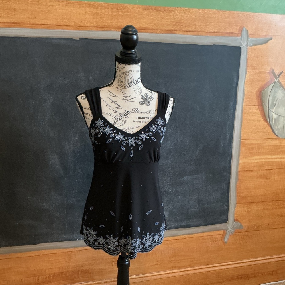 R and K Evening black beaded silky top size Petite Medium